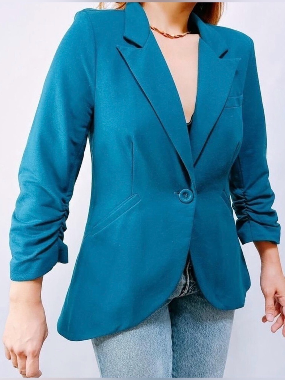 ModCloth teal jersey blazer 3X stretch ruched sleeve Curvy Girl Office